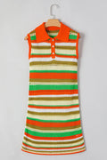 Yellow Stripe Eyelet Sleeveless Buttoned Split Neck Sweater Dress - S / 100% Acrylic - Sweaters & Cardigans/Sweater