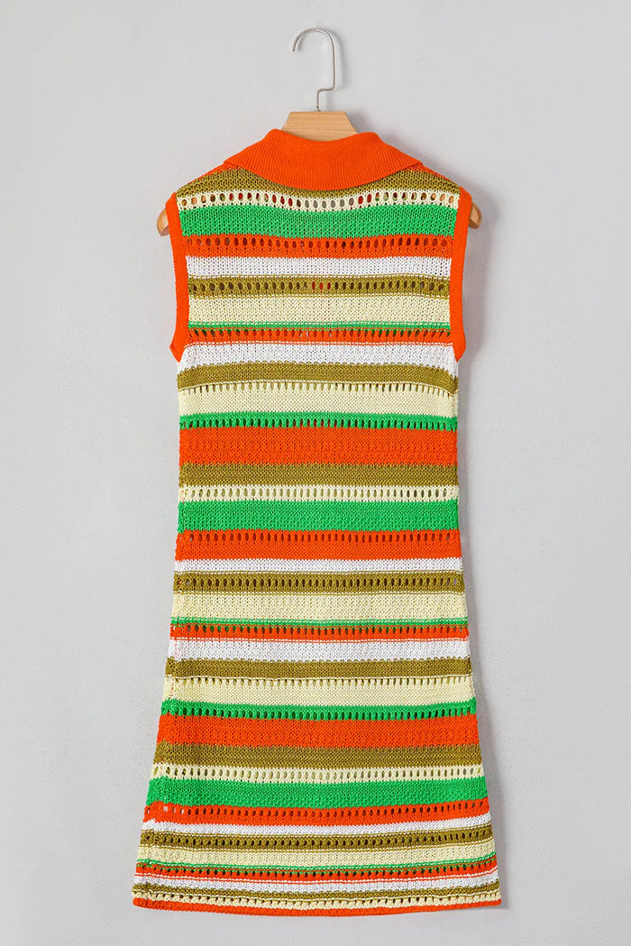 Yellow Stripe Eyelet Sleeveless Buttoned Split Neck Sweater Dress - Sweaters & Cardigans/Sweater Dresses